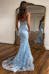 Light Blue Prom Dress Mermaid Sweerheart Corset Evening Dress with Appliques