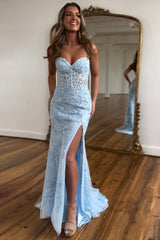 Light Blue Prom Dress Mermaid Sweetheart Corset Long Laced Evening Dress with Slit