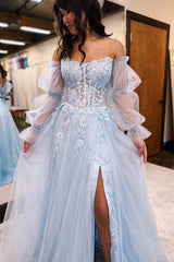 Light Blue Prom Dress Puff Sleeves Corset Long Evening Dress with Lace