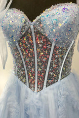 Light Blue Prom Dress Sequined A-Line Tie-Strap Long Formal Dress