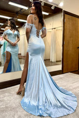 Light Blue Prom Dress Sequined Mermaid Long Evening Dress with Feathers