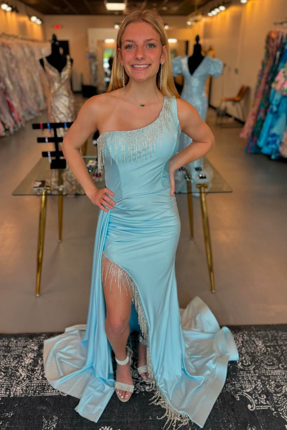 Light Blue Prom Dress Side Cape Mermaid Long Formal Dress With Tassels