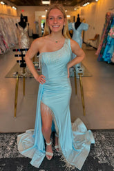Light Blue Prom Dress Side Cape Mermaid Long Formal Dress With Tassels
