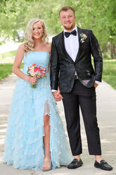 Light Blue Prom Dress Strapless Ruffled Long Formal Dress With Slit