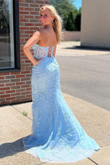 Light Blue Prom Dress Sweetheart Lace Up Long Mermaid Evening Dress with Appliques