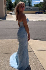 Light Blue Prom Dress Sweetheart Lace Up Long Mermaid Evening Dress with Appliques