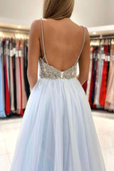 Light Blue Prom Dress Tulle Long Formal Evening Dress