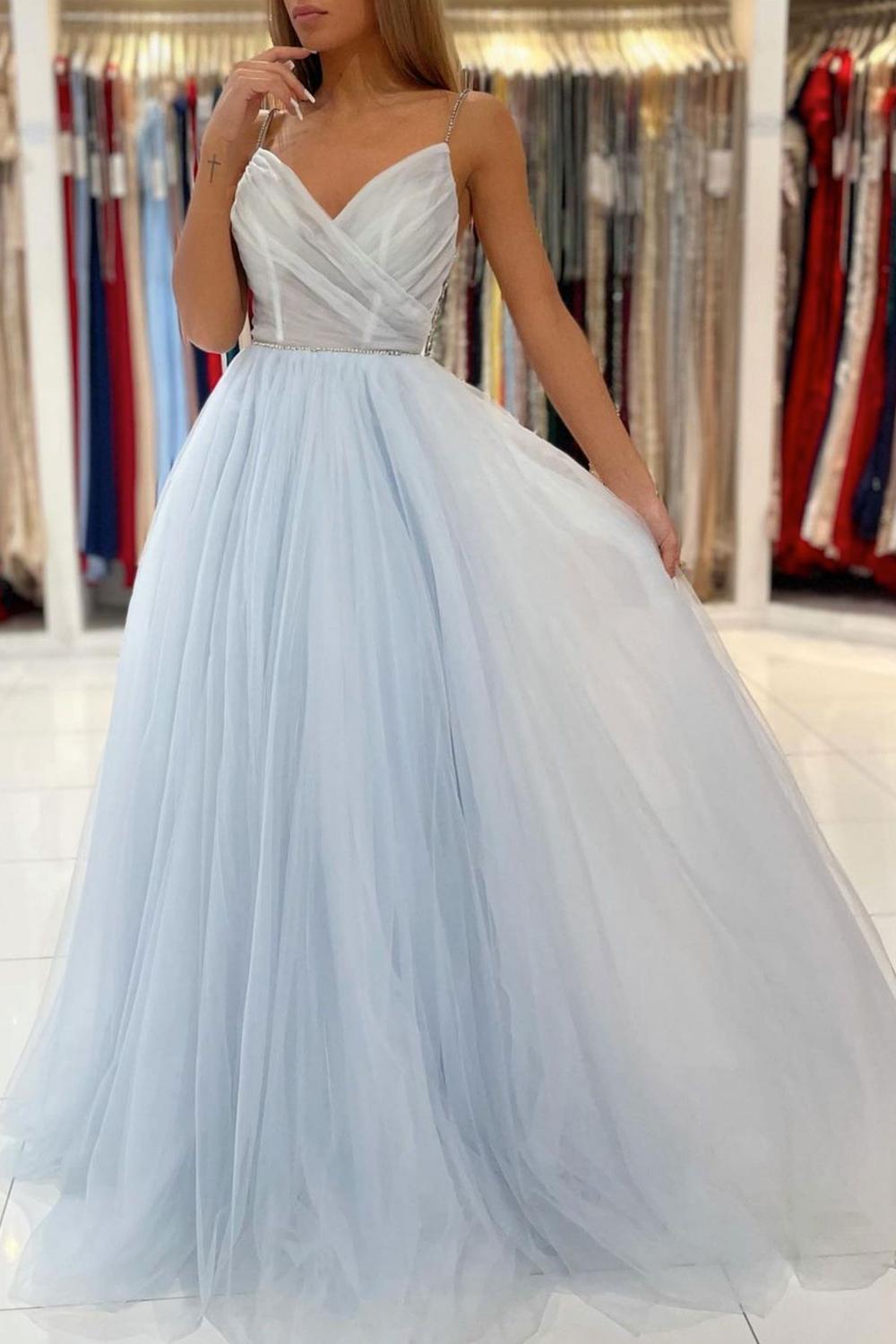 Light Blue Prom Dress Tulle Long Formal Evening Dress