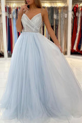 Light Blue Prom Dress Tulle Long Formal Evening Dress