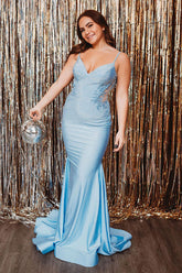 Light Blue Prom Dress V-Neck Satin Beaded Mermaid Formal Dress