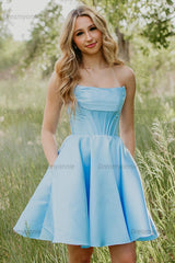 Light Blue Short Corset Strapless Homecoming Dress with Pockets