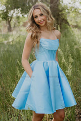 Light Blue Short Corset Strapless Homecoming Dress with Pockets