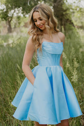 Light Blue Short Corset Strapless Homecoming Dress with Pockets