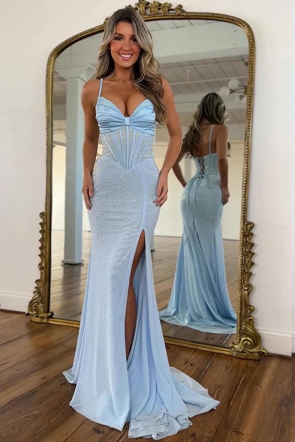 Light Blue Spaghetti Straps Mermaid Corset Prom Dress With Slit Formal Evening Gown