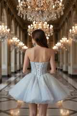 Light Blue Strapless Homecoming Dress A Line Sequined Dance Dress