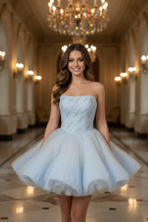 Light Blue Strapless Homecoming Dress A Line Sequined Dance Dress