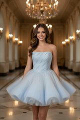 Light Blue Strapless Homecoming Dress A Line Sequined Dance Dress