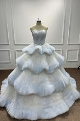 Light Blue Strapless Prom Dress Tiered Sequined Sweet 16 Party Dress