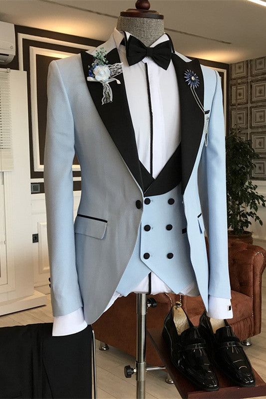 Light Blue Three Piece Close Fitting Peaked Lapel Prom Suit