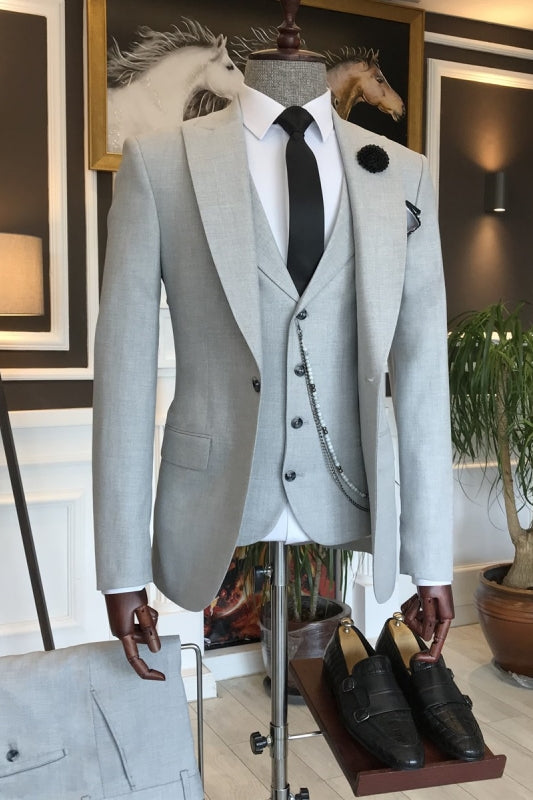 Light Gray Three Piece Peaked Lapel Business Suit
