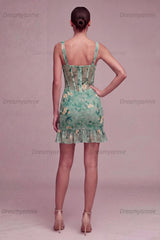 Light Green Floral Corset Bodycon Short Homecoming Dress with Ruffle Detail