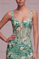 Light Green Floral Corset Bodycon Short Homecoming Dress with Ruffle Detail