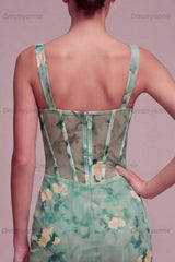 Light Green Floral Corset Bodycon Short Homecoming Dress with Ruffle Detail