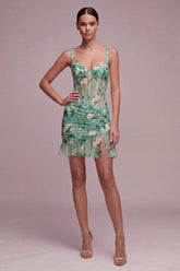 Light Green Floral Short Tight Corset Homecoming Dress with Ruffles