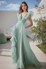 Light Green Formal Dress Chiffon A Line V-Neck Ruffled Long Wedding Guest Dress
