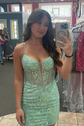 Light Green Homecoming Dress Corset Tight Short Prom Dress with Beadings