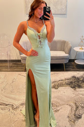 Light Green Prom Dress Beaded Spaghetti Straps Formal Dress With Slit