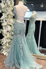 Light Green Prom Dress Mermaid Lace Long Backless Evening Dress