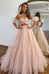 Light Green Prom Dress Two Piece Detachable Sleeves A Line Long Evening Dress