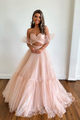 Light Green Prom Dress Two Piece Detachable Sleeves A Line Long Evening Dress