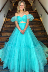 Light Green Prom Dress Two Piece Detachable Sleeves A Line Long Evening Dress