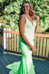 Light Green Prom Dress V neck Sequins Mermaid Evening Dress