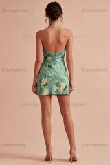 Light Green Floral Halter Backless Short Homecoming Dress