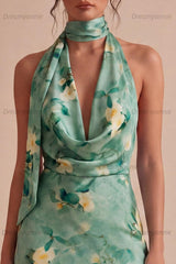 Light Green Floral Halter Backless Short Homecoming Dress