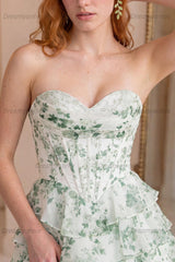 Light Green Strapless A Line Short Corset Homecoming Dress with Ruffles
