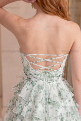 Light Green Strapless A Line Short Corset Homecoming Dress with Ruffles