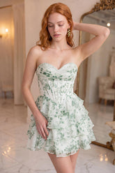Light Green Strapless A Line Short Corset Homecoming Dress with Ruffles