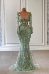 Light Green V Neck Mermaid Evening Dress Long Sleeves with Sequins and Beads