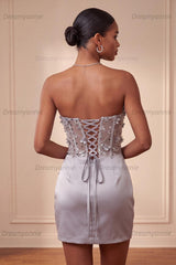 Light Grey Ruched Floral Tight Corset Short Homecoming Dress