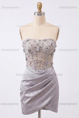 Light Grey Ruched Floral Tight Corset Short Homecoming Dress