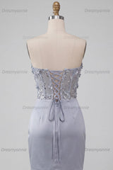 Light Grey Ruched Floral Tight Corset Short Homecoming Dress