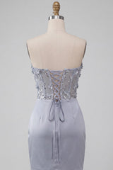 Light Grey Ruched Floral Tight Corset Short Homecoming Dress