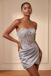 Light Grey Ruched Floral Tight Corset Short Homecoming Dress