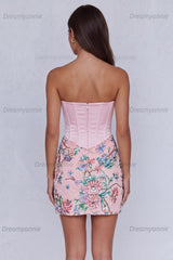 Light Pink Floral Corset Ruched Strapless Tight Short Homecoming Dress