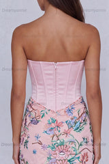 Light Pink Floral Corset Ruched Strapless Tight Short Homecoming Dress