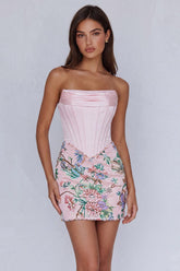 Light Pink Floral Corset Ruched Strapless Tight Short Homecoming Dress